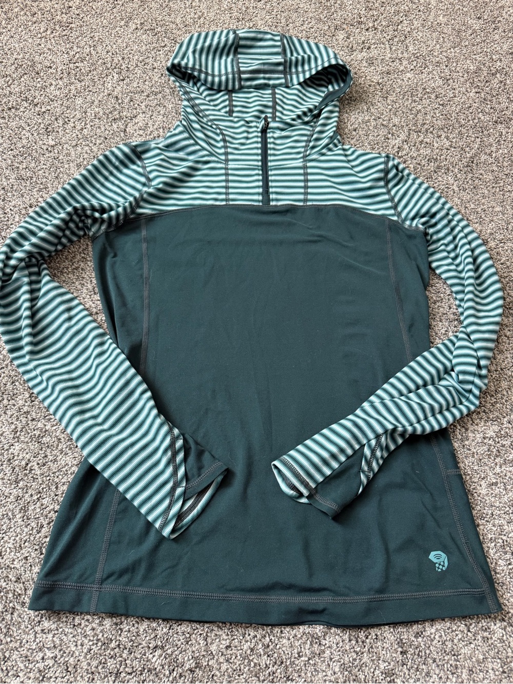 Mountain Hardwear Teal Striped Hooded Long-Sleeve Pullover